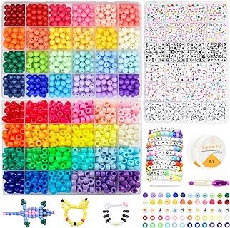 KOTHER Acrylic Kandi Bead Bracelet Making Kit with Round and Pony Beads in Vibrant Rainbow Colors, Estimate 2400 Beads Included