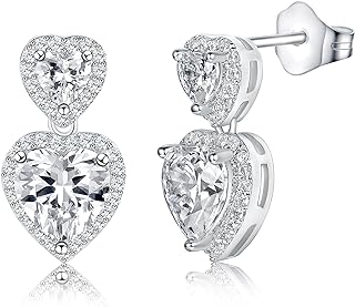 Push-Back Cubic Zirconia Double Stud Earrings in 18K White Gold Plating for Women and Men, Assorted Shapes - Round, Square, Heart, Teardrop by MDFUN