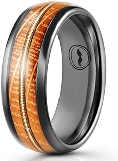 Men's Tungsten Carbide Wedding Band- Premium Grade Whiskey Barrel Wood with Guitar String Inlay Ring for Men(Black)-Includes Silicon Band, Leather Drawstring Pouch, & Luxury Walnut Ring Box