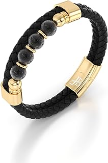 Jewellbox | Men's Leather and Lava Stone Bracelet | Natural Black Volcanic Stones Beaded Bracelet for Men | Magnetic Stainless Steel Clasp in Gold, One Size, Leather Stainless Steel