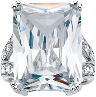 Timeless Platinum-Plated Split Shank Engagement Ring with Emerald Cut Cubic Zirconia for Special Occasions - PalmBeach Design, Available in Sizes 6-10