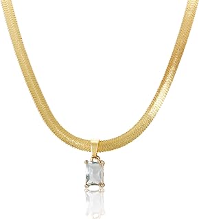 18K Gold Plated Snake Chain Aquamarine Choker Necklace with Dainty Herringbone Design and Emerald Cut for Women