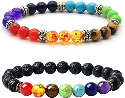2pcs Lava Rock 7 Chakra Bracelet Aromatherapy Essential Oil Diffuser Bracelets Couples Yoga Beads Bracelet Lava Stone Stretch Bracelet for Men Women (Chakra Bracelet B)