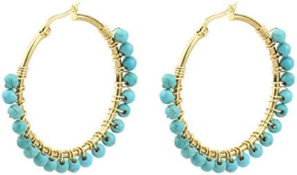 Faux Turquoise Beaded Hoop Earrings Vintage Stainless Steel Big Earrings