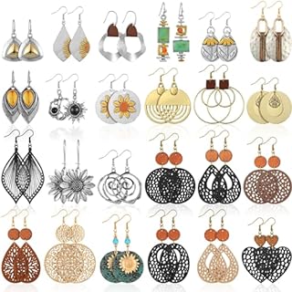 24 Pair Set: Boho Wood & Alloy Gemstone Dangle Earrings with French Wire Back Finding - Vintage Geometric Designs