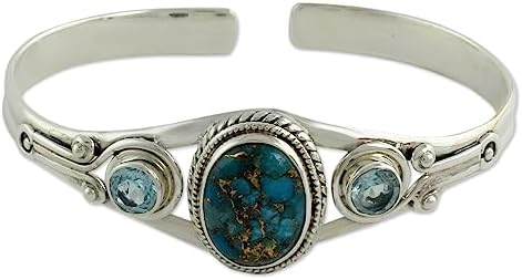 NOVICA Artisan Handmade Blue Topaz Cuff Bracelet with Composite Turquoise Sterling Silver Reconstituted India Bollywood Birthstone [6 in L (end to End) x 2 in W] ' Azure Heavens'