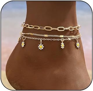 FUTIMELY Layered Gold Daisy Ankle Bracelets Set for Women Girls 14k Gold Plated Beach Waterproof Chain Anklets Set Stackable Foot Jewelry for Gift