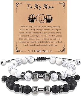 Men's Stainless Steel Gym Bead Bracelet with Lava Stone Dumbbell Design - Adjustable Bead Chain Fitness Accessory - Unique Anniversary/Birthday/Graduation Gift for Him