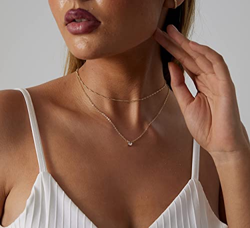 Gold Necklace for Women,Dainty Gold Necklaces 14k Gold Plated Diamond Necklaces Cute CZ Solitaire Choker Necklaces for Women Simple Cubic Zirconia Pendant Necklace Trendy Jewelry Gifts