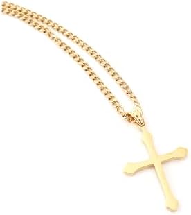 18K Gold and Stainless-Steel Small Cross Pendant Necklace with Lobster-Claw Clasp and Miami Cuban Link Chain for Men and Women - Diamond Cut Religious Design, Ideal for Charms