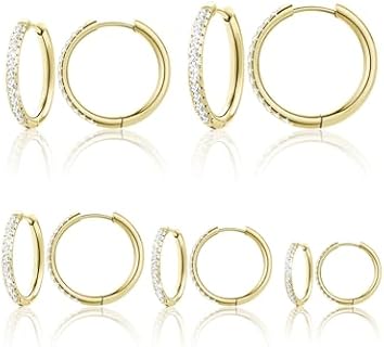 5 Pairs JewelryOnLight Gold-Plated Hypoallergenic Hoop Earrings Set, Cubic Zirconia & Surgical Steel, Assorted Sizes for Women and Girls