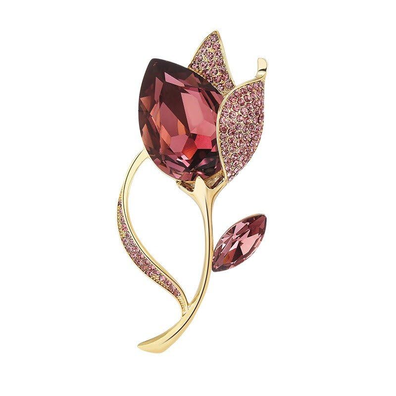 Women's Tulip Rose Copper Brooch with Pin Clasp, Red Rhinestone & Austrian Crystals - Elegant Floral Design Fashion Accessory & Unique Gift