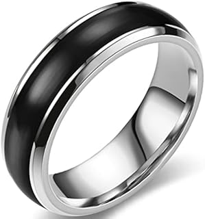 Classic Stainless Steel Wedding Band with Black Enamel & Cubic Zirconia, Stackable, Size 6