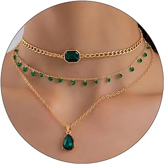Gold Layered Cable Chain Necklace with Teardrop and Rectangular Emerald Pendants for Women and Girls