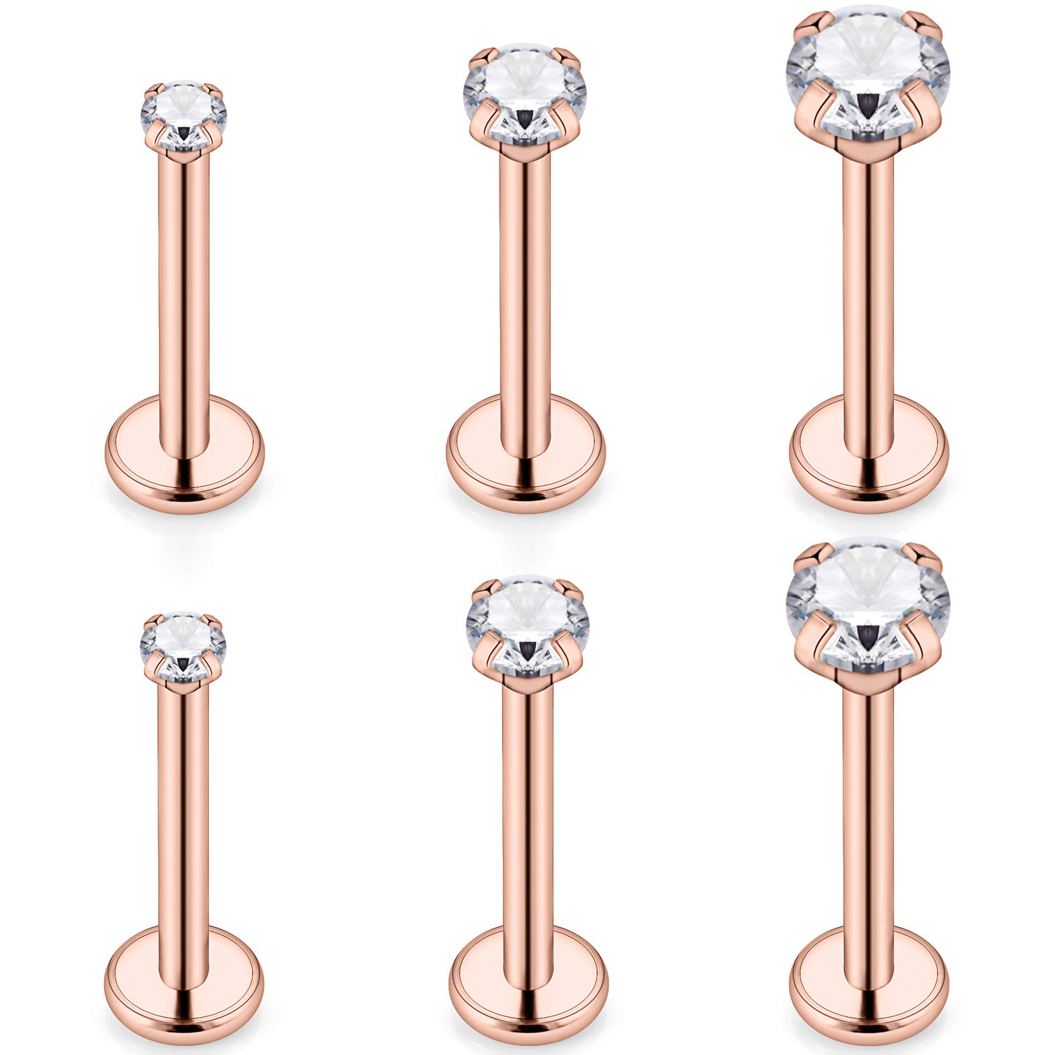 SCERRING 3 Pairs 14g Stainless Steel Prong Setting Clear CZ Internally Threaded Labret Monroe Lip Tragus Cartilage Helix Earring Ring Body Piercing Jewelry 6-10mm