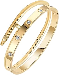 Elegant Women's Nail Cuff Bracelets with Cubic Zirconia Accents, 18K Yellow Gold Plated Stainless Steel, Hidden Safety Clasp, 7" Length, Set of 2 - Perfect Birthday Gift