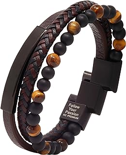 Leather Beads Bracelet Men Engraved Inspirational Adjustable Magnetic Clasp Steel Wristband Braided Cuff Tiger-Eye Lava Rock Beaded Stone Bangle Gift for Him Black Brown Blue Silver