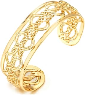 COOLSTEELANDBEYOND Exquisite Filigree Cut-Out Bangle Bracelet Gold Color, Open Cuff Adjustable, Statement Piece, Women