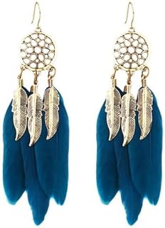Handmade Bohemian Long Feather Tassel Earrings for Women Girls Boho Vintage Dream Catcher Hollow out Leaf Colorful Faux Feather Lightweight Soft Smooth Dangle Drop Earrings for Holiday Jewelry Gifts