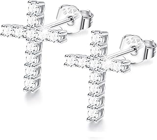 Sterling Silver Push-Back Cross Stud Earrings with Cubic Zirconia for Women - Sllaiss Elegant Design