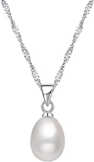 S925 Sterling Silver Freshwater Cultured Pearl Pendant Necklace with Ripple Chain and Lobster Ring Clasp - Elegant Drop Shape Design
