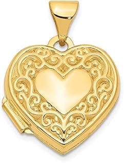 Link Chain 14K Yellow Gold Scroll Heart Locket Pendant Necklace, Elegant Gift for Women