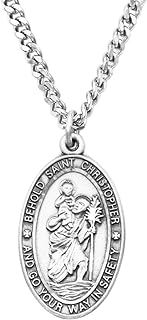 Rosemarie Collections Oval Saint Medal Pendant Necklace with Stainless Steel Curb Chain, Ideal for Travelers and Religious Individuals - Pewter, Made in USA