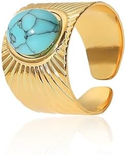 Adjustable Unisex Oval Turquoise Statement Ring with Yellow Gold Plating for Men, Women and Girls