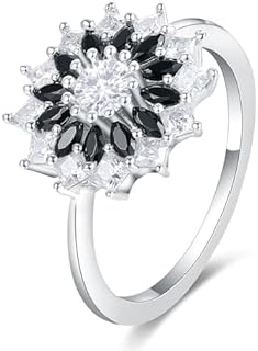 Platinum-Plated Sterling Silver Art Deco Sunflower Engagement Ring with 0.3-Carat GH VVS1 Princess Cut Black Moissanite for Women - Marquise Black Spinel Vintage Wedding Ring in Size 4