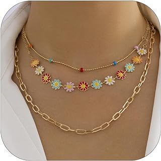 Daisy Necklace for Women Flower Layered Paperclip Chain Necklace Boho Muti-Layer Colorful Flower Beaded Choker Necklace Jewelry Gift for Women Girls…
