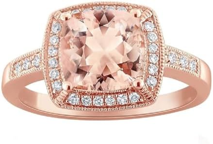 Cushion Cut Peach Morganite Engagement Ring with 14K Rose Gold Over Sterling Silver, Size 4.5 for Women, Halo Design