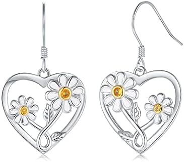 Silver Sunflower Heart Earrings for Women - 925 Sterling Silver Sunflower/Daisy Heart Dangle Earrings, Valentines Mothers Day Christmas Gifts Sunflowers Daisy Heart Dangle Earrings Jewelry for Girls