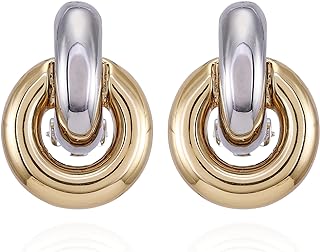 Modern Vince Camuto Two-Tone Double Hoop Clip-On Earrings with Glass Stones - Durable Metal Design for the Trendy, Non-Pierced Fashion Connoisseur