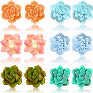 Resin & Stainless Steel Stud Earrings for Women and Girls with Push-Back Closure, Botanical Succulent Design - Set of 6 Pairs