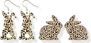 2Pairs Easter Bunny Earrings for Women Easter Earrings Gifts for Girls Leopard Print Bunny Earrings Set Rabbit Earrings Easter Basket Stuffers Easter Dresses for Girls