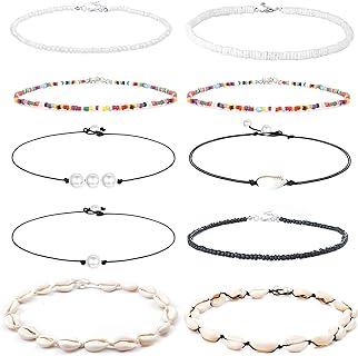 HANPABUM 10 Pcs Shell Pearl Seed Beads Choker Necklace Hawaiian Natural Seashell Puka Chips Necklace for Women Girls