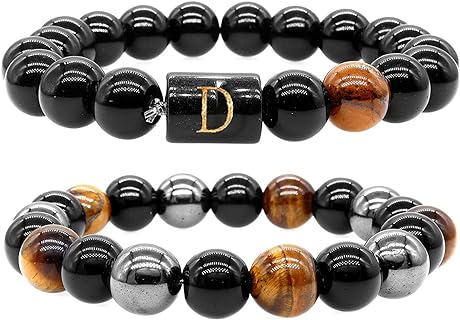 10mm Obsidian Beaded Bracelet for Men & Women with Rope Chain & Spring Ring Clasp - Black Tiger Eye & Hematite Beads - Customizable Initial Letter Design