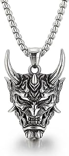 Unisex Stainless Steel Hannya Oni Skull Pendant Necklace with Rolo Chain - Unique Italian Designed Halloween/Party Jewelry