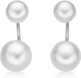 Elegant Freshwater Black or White Double Pearl Drop Design Stud Earrings with Sterling Silver Frame and Push Back by Lavari Jewelers