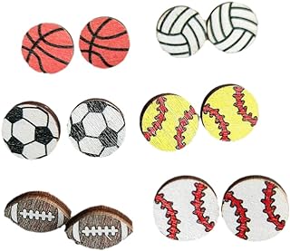 6 Pairs Sport Stud Earrings Cute Basketball Volleyball Baseball Football Rugby Lightweight Wooden Sport Earrings for Women Gift