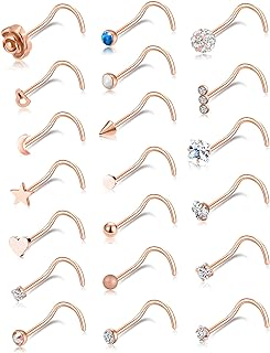 Tornito 20G 20Pcs Nose Ring CZ Nose Stud Retainer L Bone Screw Shaped Nose Piercing Jewelry Set For Women Men Stainless Steel Rose Gold Tone
