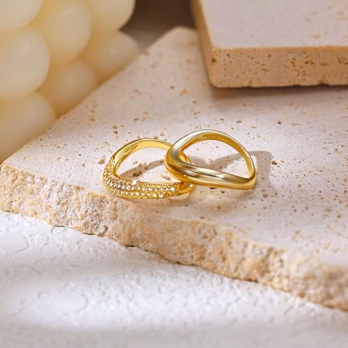 Gold Rings for Women, 14K Gold Plated Wave Rings Stackable Trendy 2PCS Band Ring for Women Cubic Zirconia Ring Set Fashion Jewelry Gift for Women Teen Girls Size 5-10