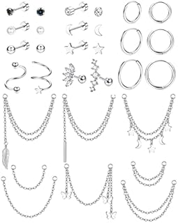 FIBO STEEL 20G Cartilage Earrings Set for Women Huggie Hoop Earrings Flat Back Earrings Star Moon Butterfly CZ Cartilage Stud Earrings Chain Dangle Helix Tragus Piercing Jewelry