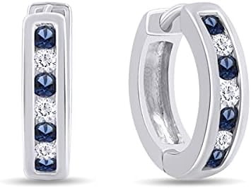 Hidden Snap Post Sapphire Hoop Earrings, White Gold Plated Silver, Round Cut Blue Sapphire & Cubic Zirconia, for Women, Hoop Design