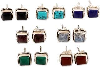 Handcrafted Sterling Silver Square Stud Earrings with Garnet, Onyx, and Lapis Lazuli Gems, Push Back Design for Men and Women