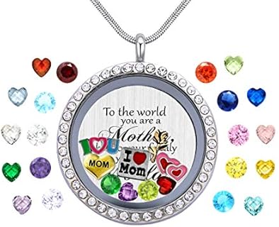 Lobster Clasp Crystal Floating Locket Necklace with Snake Chain for Moms, Heart Design Stainless Steel Pendant