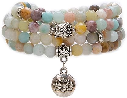 Bivei 108 Mala Beads Necklace Long Beaded Wrap Bracelets Genuine Gemstone Mala Prayer Beads Lotus Buddha Charm Yoga Meditation Necklace