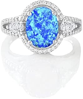 Savlano 14K White Gold Plated Created Oval Blue Opal Stone with Cubic Zirconia Ring for Women & Girls - Comes With a Gift Box