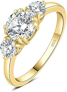 JewelryPalace Classic 1ct 3 Stone Moissanite Solitaire Engagement Rings for Women, 925 Sterling Silver 14K Gold Promise Ring for Her, Round Cut Simulated Diamond Wedding Rings H-J Size 5-12