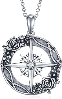 925 Sterling Silver Compass Pendant Necklace with Cubic Zirconia for Women and Girls - Unique Phoenix & Rose Design